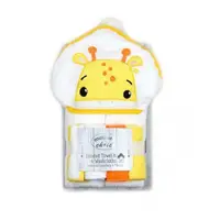 Set cadou bebelusi cu 4 mini prosopele si prosop cu gluga din bumbac girafa