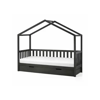 Pat pentru copii gri antracit de tip casă/cu extensie suplimentară din lemn masiv de pin cu spațiu de depozitare 90x200 cm DALLAS – Vipack