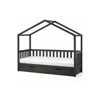 Pat pentru copii gri antracit de tip casă/cu extensie suplimentară din lemn masiv de pin cu spațiu de depozitare 90x200 cm DALLAS – Vipack