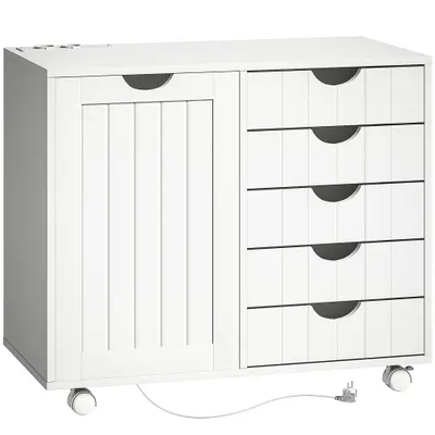 HOMCOM Mobilier pentru imprimantă cu stație de încărcare și roți 5 sertare porturi USB poliță reglabilă alb | Aosom Romania