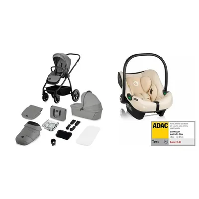Carucior 3 in 1, Lionelo, Meril, Cu landou de dimensiune XL, Reversibil, Cu scoica auto testata ADAC, Cu accesorii, Pana la 22 kg, EN1888-1 EN1888-2, EN1466, Gri/bej