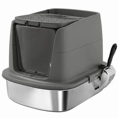 PawHut Litieră mare din oțel inoxidabil, tavă închisă pentru nisip cu lopată metalică și săculeț deodorant, gri închis | Aosom Romania