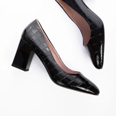 Pantofi Eleganti din Piele Ecologica cu model si toc Gros CRL0725 Negru