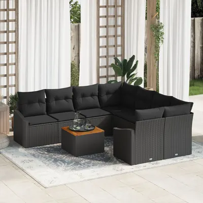Gossi set de canapea cu 9 piese cu perne negru poliratan acacia