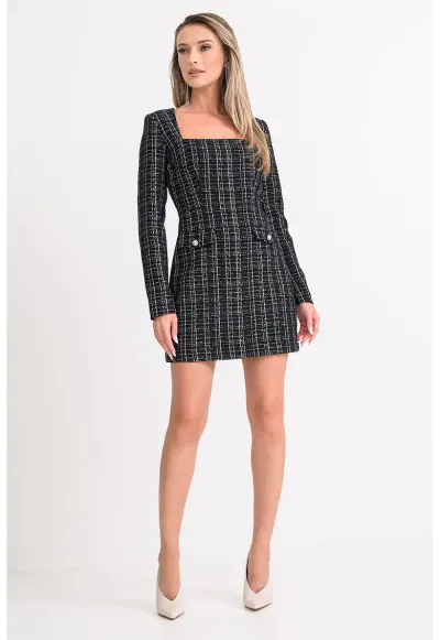 Rochie mini cambrata cu decolteu patrat - Negru