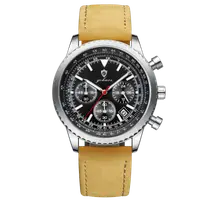 Gohuos, Ceas barbatesc, Quartz, Cronograf, Analog, Data, Piele naturala, Maro Argintiu Negru