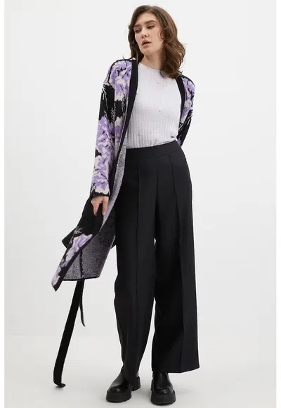 Cardigan lung cu imprimeu floral - Alb/Negru/Ametist