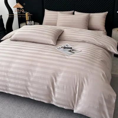 Lenjerie de Pat HoReCa DeLuxe, Damasc Premium din Bumbac Egiptean 100% , 6 Piese, Dunga Lata Tesuta, Cearceaf cu Elastic, Roz Prafuit Pal