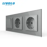 Intrerupator mecanic dublu + priza Schuko + priza Schuko, cap / scara, cu rama sticla Gri