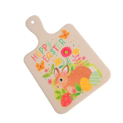 Platou decorativ tip tocator Happy Easter cu iepuras si oua colorate