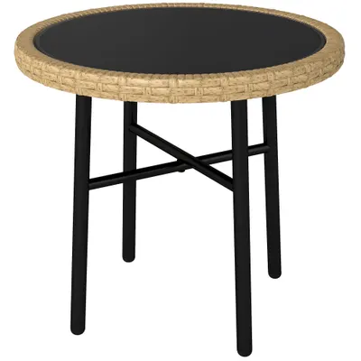 Outsunny Masă de Cafea Rotundă de Grădină, Masă Auxiliară Exterioară din Rășină Împletită și Blat din Sticlă Securizată, 46x46x43cm, Natural | Aosom Romania