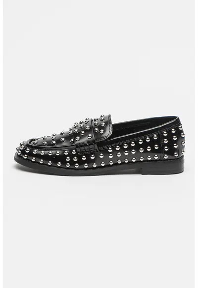 Pantofi loafer cu varf rotund si tinte Bequest - Negru/Argintiu