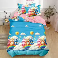 Lenjerie pat 1 PERSOANA, FINET, 4 piese, Bleu, Roz, ursuleti, curcubeu