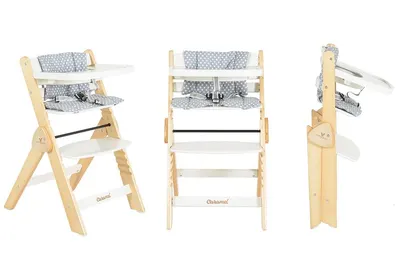 Scaun de masa multifunctional Cangaroo Caramel White 2in1 din lemn cu sezut reglabil 3 nivele,de la 6luni,suport picioare reglabil 6 nivele,pliere compacta,centura de siguranta,pernuta moale inclusa,picioare antiderapante