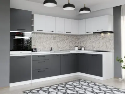 Set Mobila Bucatarie Colt Mina Dual 300*160 Gri Antracit/Alb C196