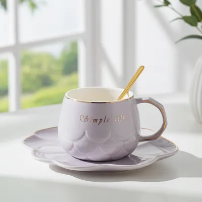 Cană pentru cappuccino și ceai Morello - Simple Life, cu farfurioară și linguriță, 250 ml, Purple