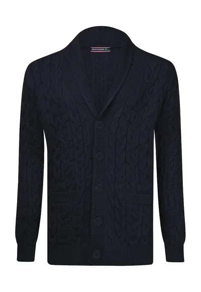 Cardigan din bumbac cu model torsade si nasturi - Albastru ultramarin