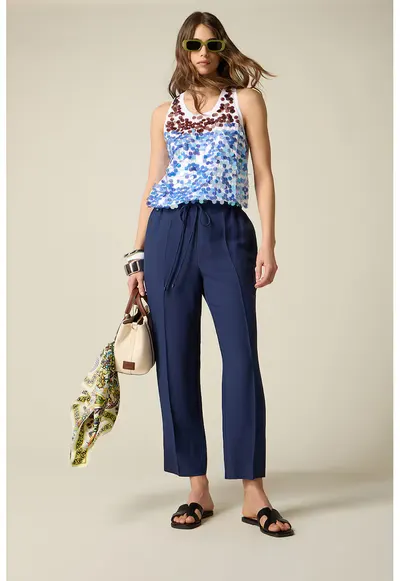 Pantaloni crop din amestec de in cu snur - Bleumarin