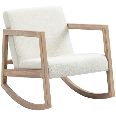 HOMCOM Scaun Balansoar Minimalist cu Pernuțe pentru Scaun și Spătar, Scaun pentru Sufragerie din Lemn de Caucciuc, Pluș și Spumă, 60x81x71 cm, Crem | Aosom Romania
