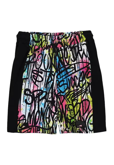 Pantaloni scurti cu snur si imprimeu grafic - Negru/Verde deschis/Albastru deschis