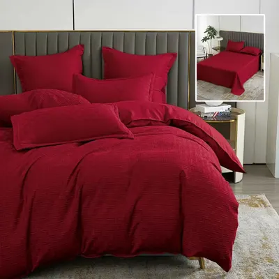 Lenjerie de pat natur uni stripe 6 piese cu cearsaf (rosu)