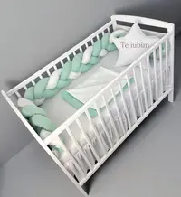 Lenjerie cu aparatoare impletita in 3, din bumbac, lungime 240 cm, cu cearsaf, paturica si perna steluta Te iubim Verde Menta PalAlb