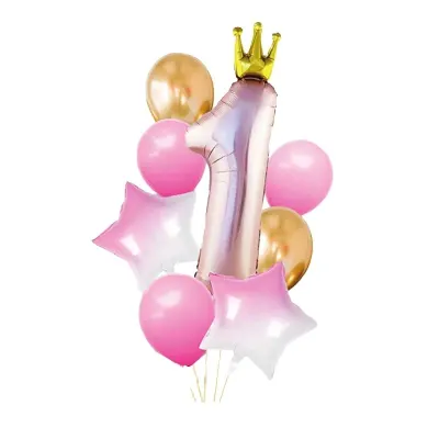 Kit aranjament baloane Princess, stelute si Cifra 1, folie metalizata, roz