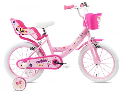 Bicicleta pentru copii Denver Minnie Cutest 16 inch, frana de mana pe ambele roti, clopotel, roti ajutatoare detasabile, suport pentru papusi, cosulet transport pe ghidon