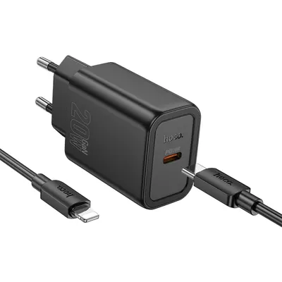 Set Adaptor HOCO N60 si Cablu Lightning, pentru iPhone, Incarcare rapida 20W, Negru Engros