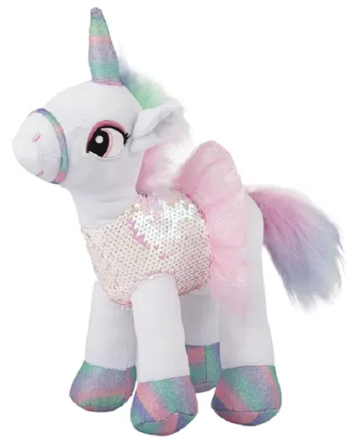 Jucărie de pluș Amek Toys - Unicorn cu rochie din paiete, alb, 24 cm