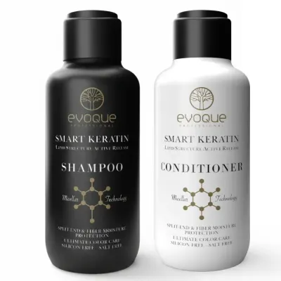 Set Travel Smart Keratin EVOQUE USA , sampon + Balsam 2 x 100 ml, Reparare E i Netezire pentru Par Degradat, Frizat sau Tratat Chimic