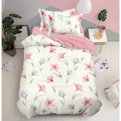 Lenjerie pat 1 PERSOANA, FINET, 4 piese, Crem, Roz, Flori