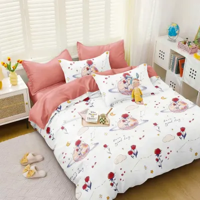 Lenjerie pat dublu, bumbac satinat, cearsaf clasic, 4 piese, Alb, Roz, flori