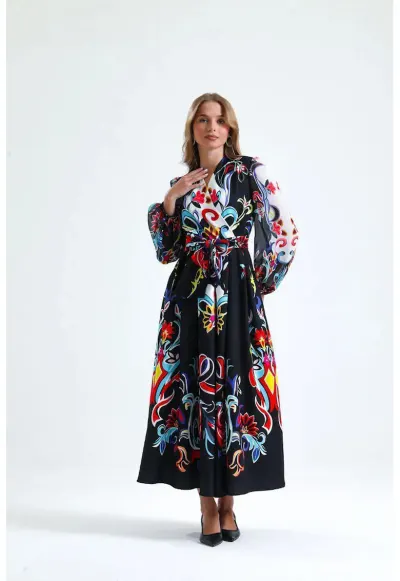 Rochie maxi - A-Line - multicolor - imprimeu floral - maneca lunga - decolteu in V - cu cordon