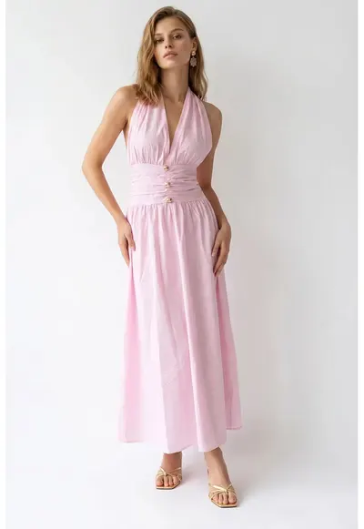 Rochie maxi - guler halter - drapaj - roz pudrat - bumbac