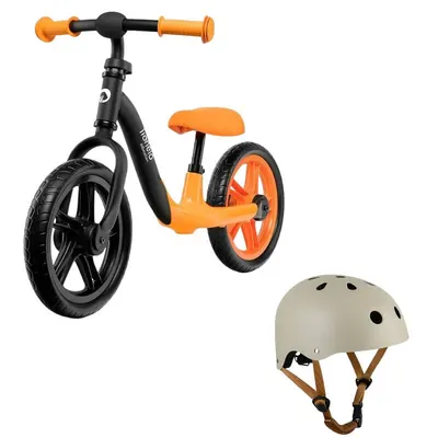Bicicleta fara pedale, Lionelo, Alex, Usoara, Cu ghidon si sa reglabile, Greutate 3.3 Kg, Cu roti din spuma EVA, 12 inch, Portocaliu + Casca pentru copii, Reglabila 50-56 cm, Bej