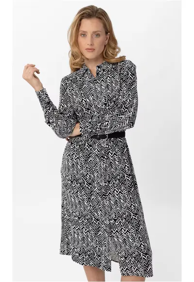 Rochie din viscoza cu model geometric - G-Licori - maneci lungi - Negru I Alb