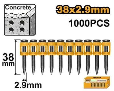 Cuie beton INGCO ANA02381, 38x2.9mm, 1000 bucati, otel calit 60#, pentru pistol de cuie, compatibile beton si zidarie