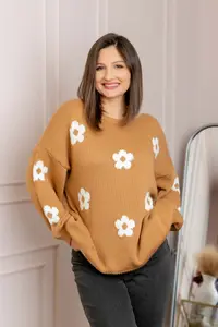 Pulover lejer April din tricot cu floricele - Camel