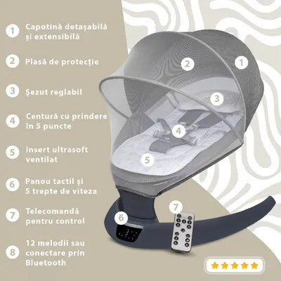 Leagan electric pentru bebelusi cu spatar reglabil si senzor de miscare AppeKids Evoque Powder Grey