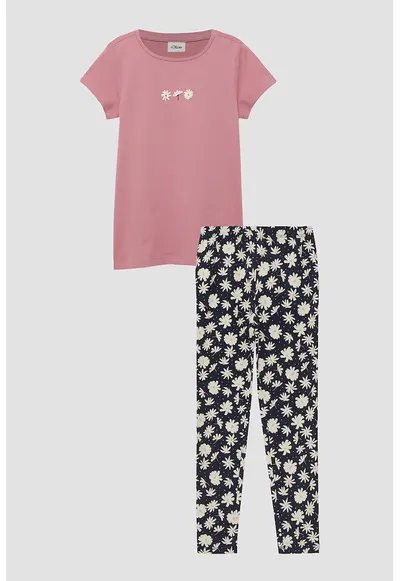 Set de tricou de bumbac cu model si colanti - Negru/Roz prafuit