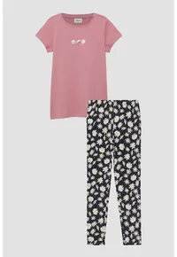 Set de tricou de bumbac cu model si colanti - Negru/Roz prafuit