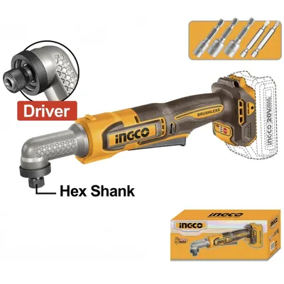 Filetanta unghiulara cu impact INGCO CAIRLI2081, 20V, Brushless, 80Nm, HEX 1/4”, 90 grade, 3 trepte viteza, 2200 RPM, 3400 BPM, fara acumulator si incarcator