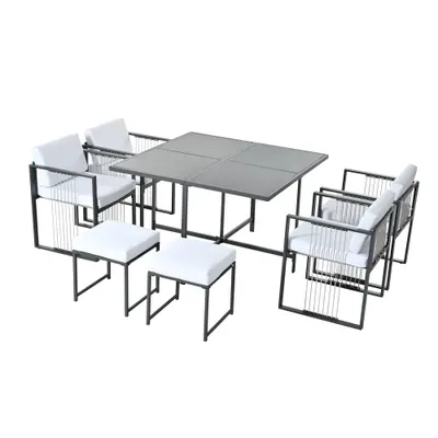 Set de grădină 7 piese pentru 6 persoane, masă din sticlă securizată, 4 scaune împletite și 2 taburete pentru picioare, Negru+Alb