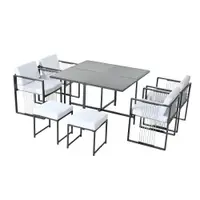 Set de grădină 7 piese pentru 6 persoane, masă din sticlă securizată, 4 scaune împletite și 2 taburete pentru picioare, Negru+Alb