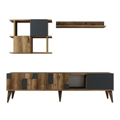 Set Living MADRID, comoda TV si corpuri suspendate, nuc + antracit, 180x33,8x48,6 cm