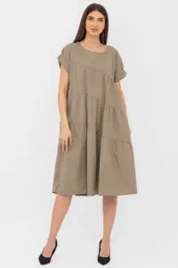 Rochie din poplin satinat cu volane oblice, bej inchis
