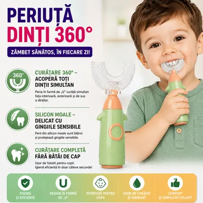 Periuta de dinti pentru copii, 2-6 ani, in forma de U, din silicon, periaj si curatare gingii 360, Verde/Portocaliu