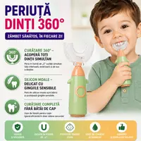 Periuta de dinti pentru copii, 2-6 ani, in forma de U, din silicon, periaj si curatare gingii 360, Verde/Portocaliu