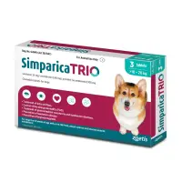 SIMPARICA Trio, deparazitare externă si internă câini, comprimate masticabile SIMPARICA Trio, deparazitare externă si internă câini, S-M(10-20kg), comprimate masticabile, 24mg x 3buc